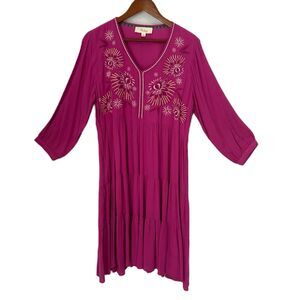 Nurture Dress Women L Fuchsia Embroider Pocket Tier Crepe Boho Cottage Comfy NWT